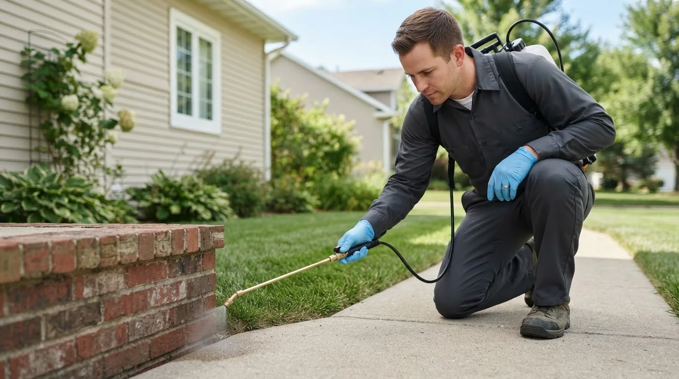 Pest control technician treating a home near Tuscaloosa, AL
